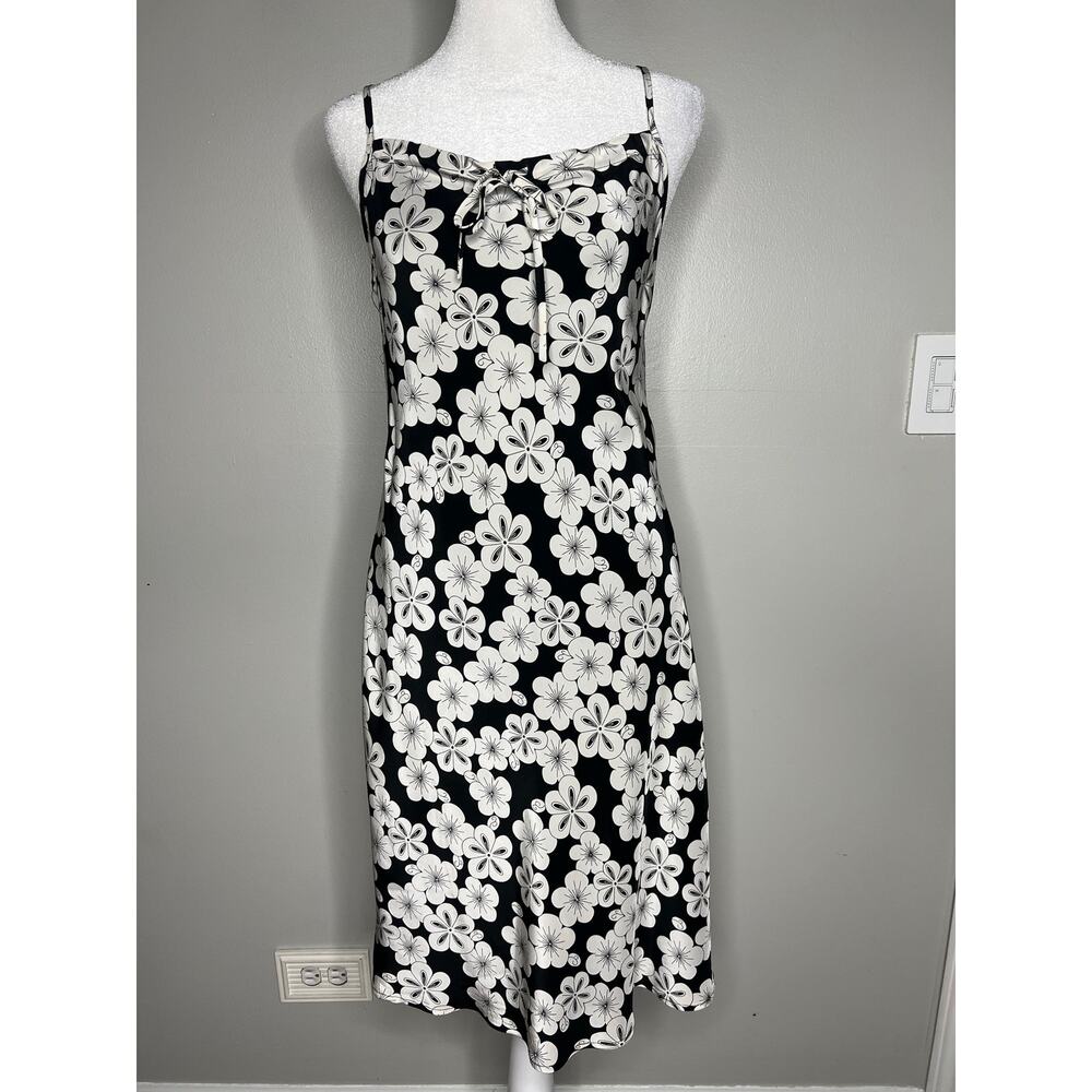 Vintage Y2K Silk Slip Midi Dress Black White Floral 90s Spaghetti Strap Size 2
